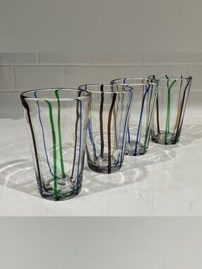 S/4‎ Hand-Blown Italian Style Highball Glasses - Colorful Vertical Cane Stripe